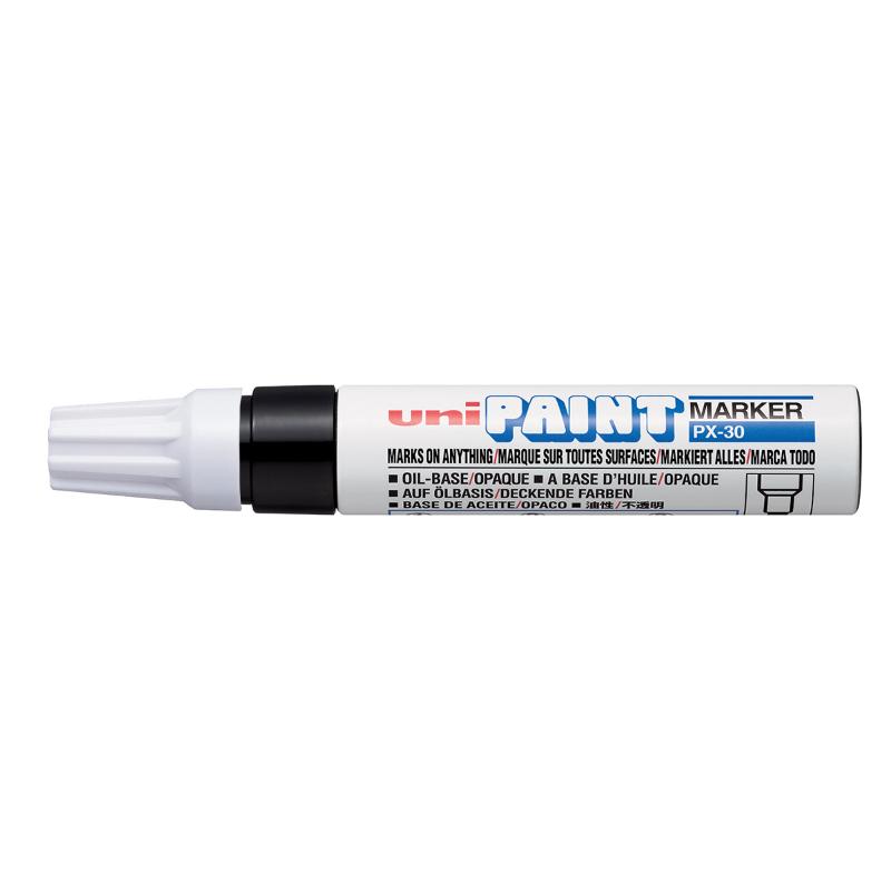 Black Uni Paint Marker PX-30 featuring a 4.0-8.5mm chisel tip, ideal for permanent marking on various surfaces.