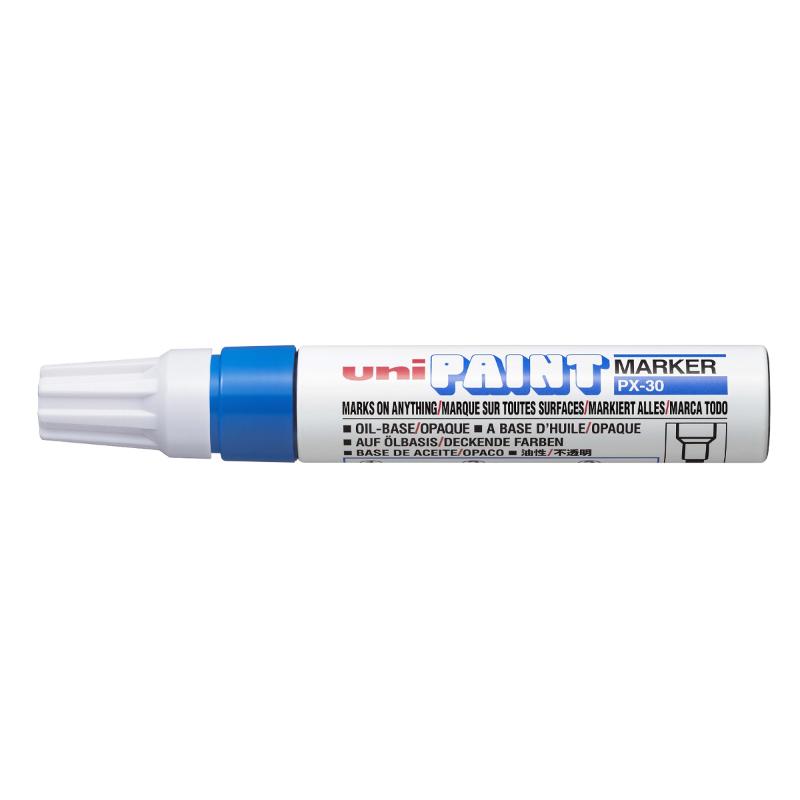 Uni Paint Marker in Blue with 4.0-8.5mm chisel tip, ideal for writing on multiple surfaces with long-lasting, fade-resistant ink.