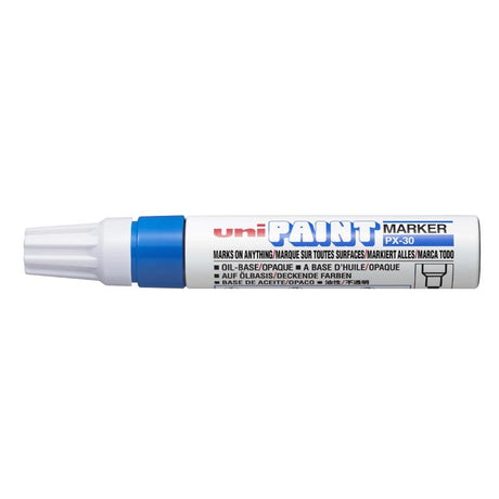 Uni Paint Marker in Blue with 4.0-8.5mm chisel tip, ideal for writing on multiple surfaces with long-lasting, fade-resistant ink.