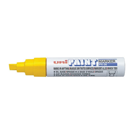 Yellow Uni Paint Marker with chisel tip, perfect for permanent markings on various surfaces like metal, wood, and glass.