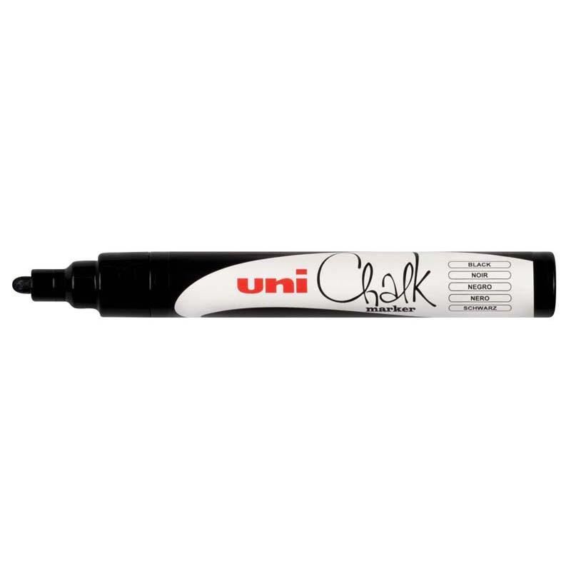 Uni Chalk Marker PWE-5M with 1.8-2.5mm bullet tip, ideal for non-porous surfaces and easily erasable with water.