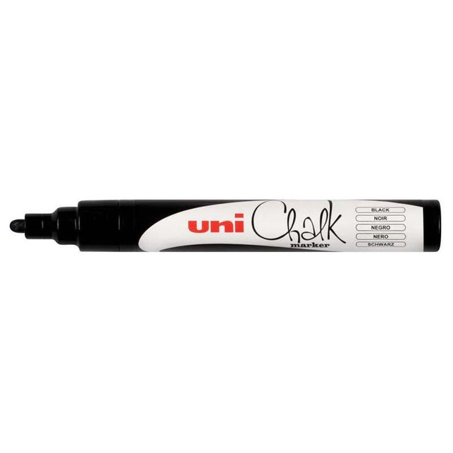 Uni Chalk Marker PWE-5M with 1.8-2.5mm bullet tip, ideal for non-porous surfaces and easily erasable with water.