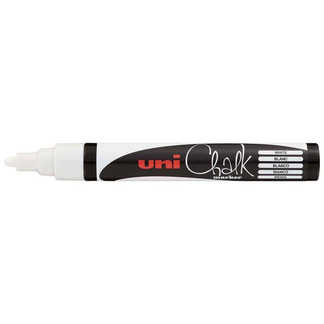 Uni Chalk Marker with a 1.8-2.5mm bullet tip in white, ideal for vibrant creative writing on non-porous surfaces.