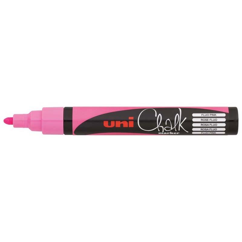 Fluoro Pink Uni Chalk Marker with bullet tip for vibrant designs on non-porous surfaces; easily removable with a damp cloth.