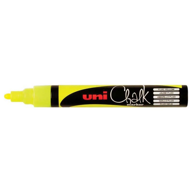 Fluoro yellow Uni Chalk Marker with 1.8-2.5mm bullet tip, ideal for vibrant designs on non-porous surfaces.