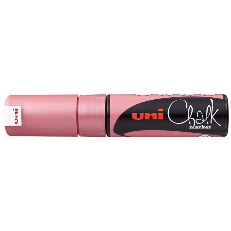 Metallic red Uni Chalk Marker with 8.0mm chisel tip for vibrant, removable writing on non-porous surfaces.