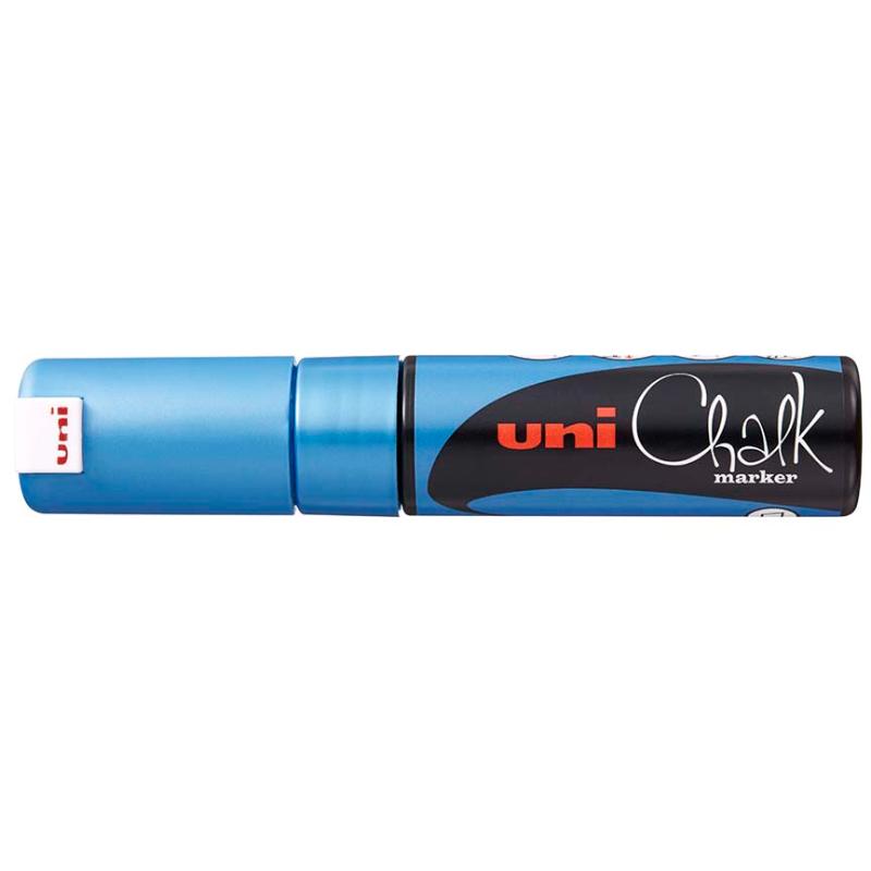 Metallic blue Uni Chalk Marker with 8mm chisel tip for vibrant designs on non-porous surfaces, easy to erase and rain-resistant.