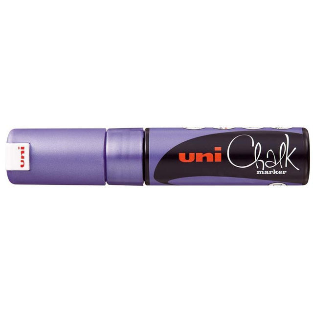 Metallic violet Uni Chalk Marker with 8.0mm chisel tip for vibrant, removable writing on non-porous surfaces.