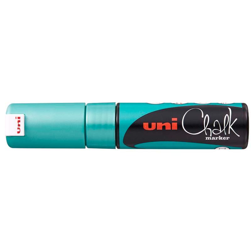 Metallic green Uni Chalk Marker with 8.0mm chisel tip, perfect for vibrant writing on non-porous surfaces indoors or outdoors.