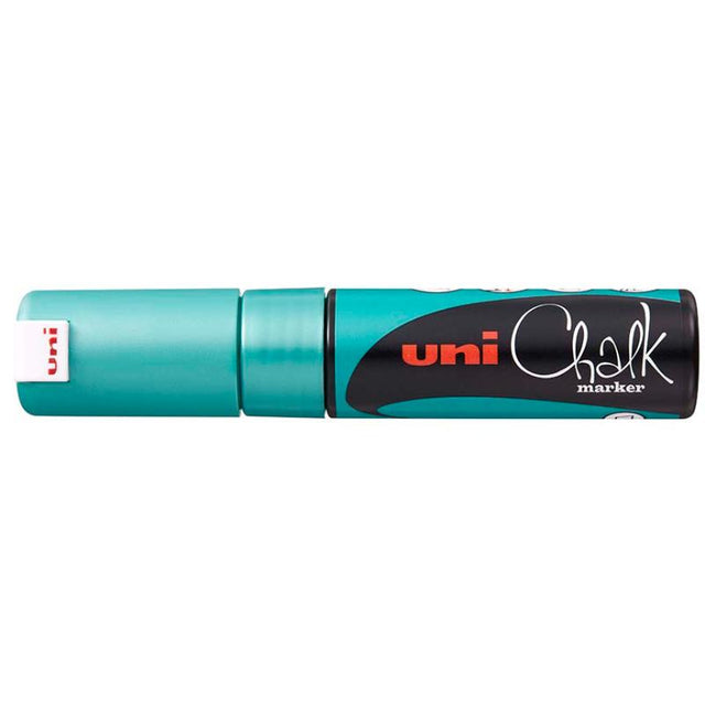 Metallic green Uni Chalk Marker with 8.0mm chisel tip, perfect for vibrant writing on non-porous surfaces indoors or outdoors.