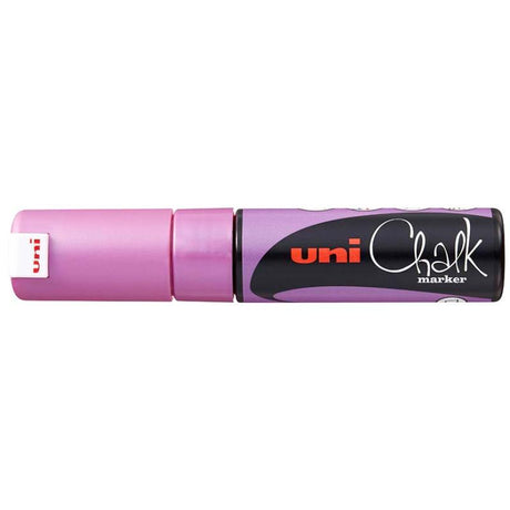 Metallic pink Uni chalk marker with 8.0mm chisel tip, ideal for vibrant designs on non-porous surfaces, rain-resistant ink.