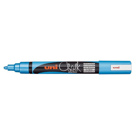 Metallic blue Uni Chalk Marker with 1.8-2.5mm bullet tip, ideal for vibrant sign writing on non-porous surfaces.