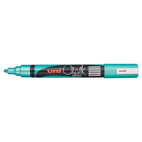 Uni Chalk Marker in Metallic Green with a 1.8-2.5mm bullet tip, ideal for vibrant writing on non-porous surfaces.