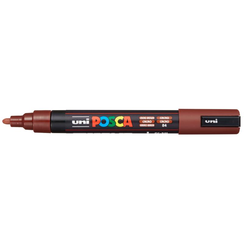 Uni Posca Marker in Cacao Brown featuring a medium bullet tip for versatile fine and bold strokes on various surfaces.