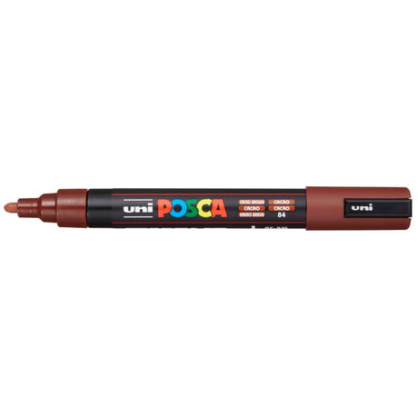 Uni Posca Marker in Cacao Brown featuring a medium bullet tip for versatile fine and bold strokes on various surfaces.