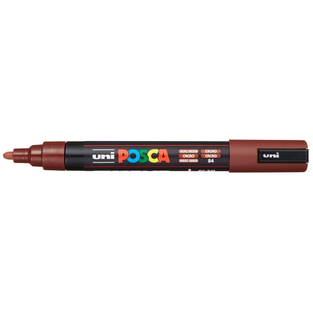 Uni Posca Marker in Cacao Brown featuring a medium bullet tip for versatile fine and bold strokes on various surfaces.