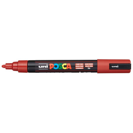 Vibrant ruby red Uni Posca Marker with a 1.8-2.5mm bullet tip for precise, bold artwork on various surfaces.