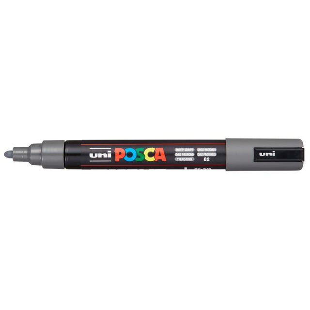 Uni Posca Marker in Deep Grey, 1.8-2.5mm tip for precise, vibrant designs on various surfaces; ideal for artists and hobbyists.