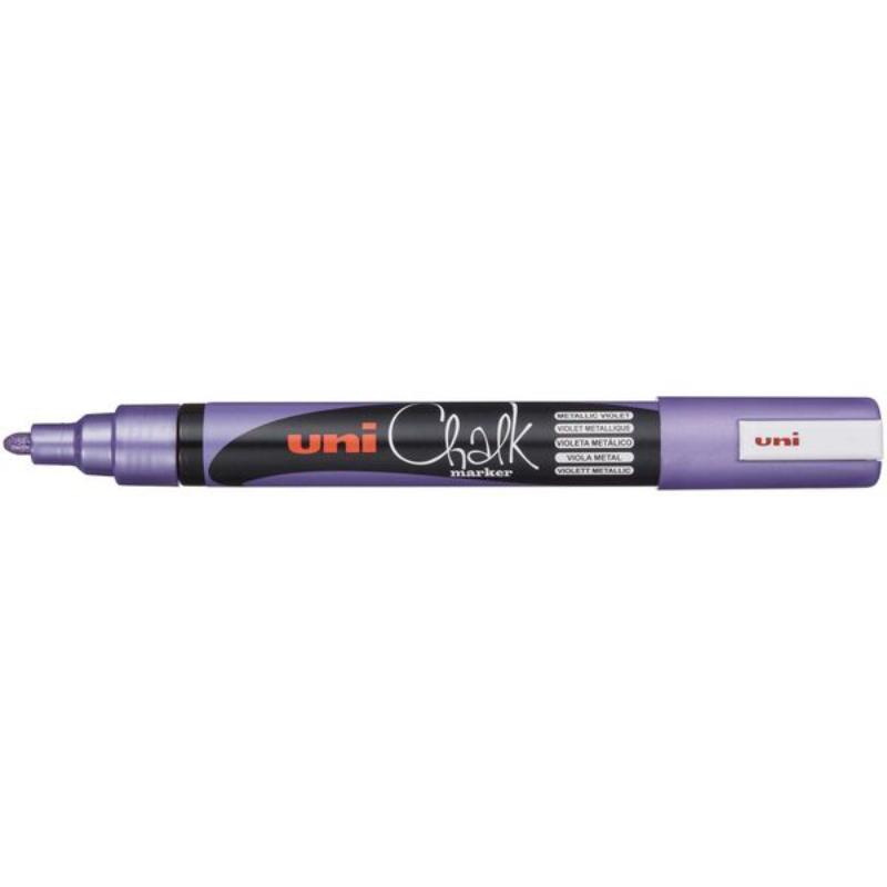 Metallic violet Uni Chalk Marker with 1.8-2.5mm bullet tip, ideal for vibrant designs on non-porous surfaces.