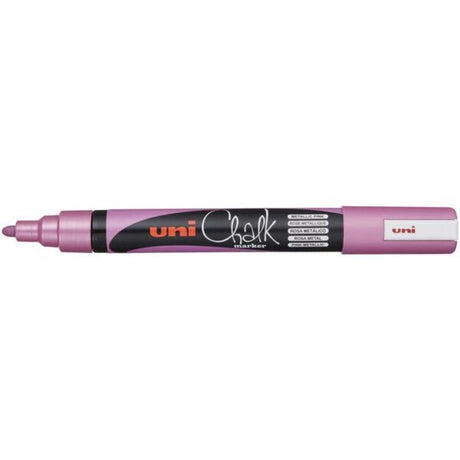 Metallic pink Uni Chalk Marker with 1.8-2.5mm bullet tip, perfect for vibrant writing on non-porous surfaces.