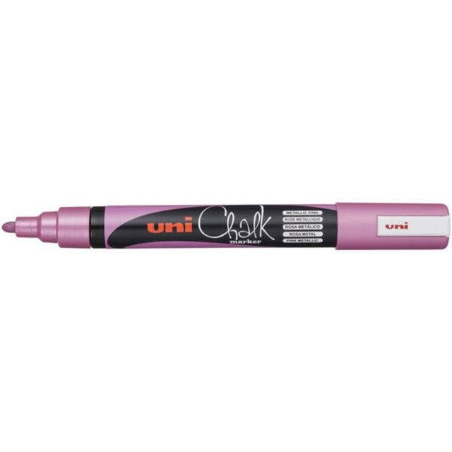 Metallic pink Uni Chalk Marker with 1.8-2.5mm bullet tip, perfect for vibrant writing on non-porous surfaces.