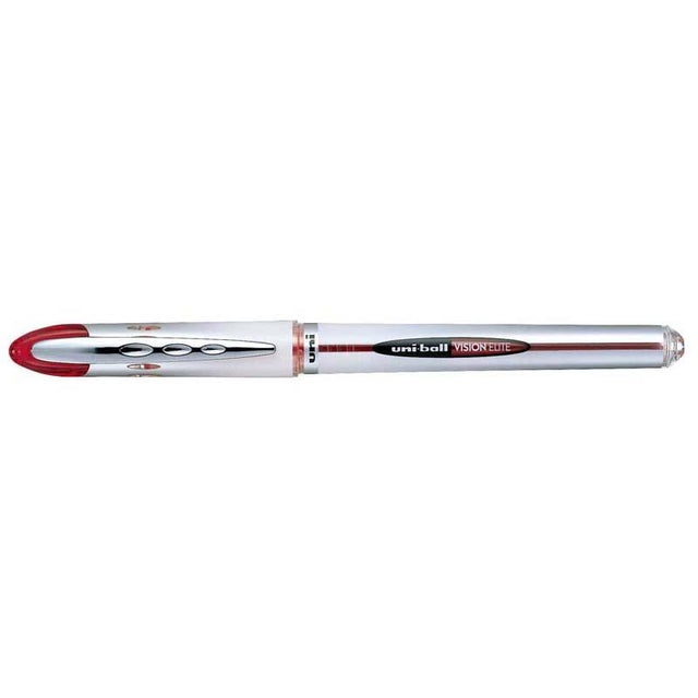 Uni Vision Elite Capped 0.8mm Red rollerball pen with aeroplane-safe technology for smooth, vibrant writing.