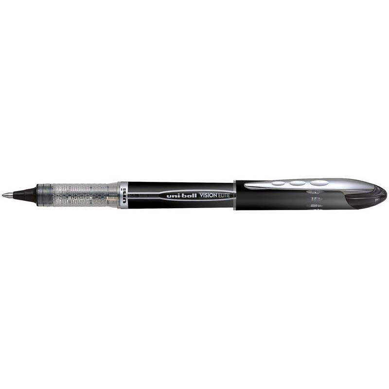 Sleek black Uni Vision Elite 0.5mm rollerball pen with aeroplane-safe technology for precision writing and travel convenience.