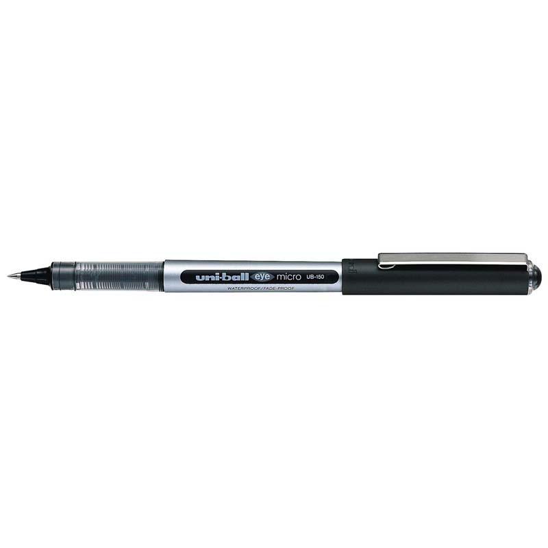 Uni-ball Eye 0.5mm black rollerball pen with smooth liquid ink flow for precise writing and detailed lines.