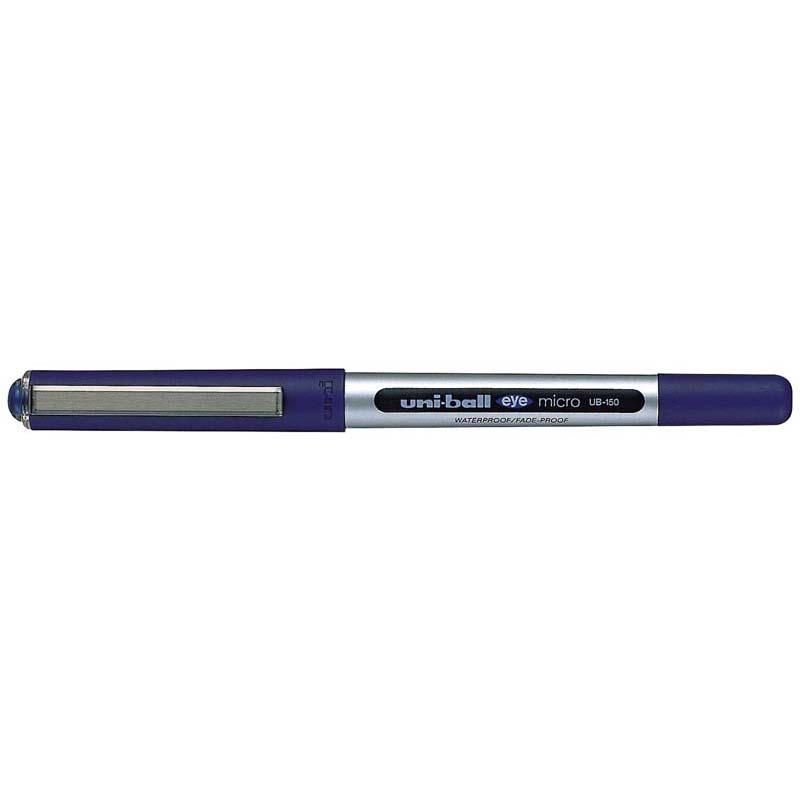 Uni-ball Eye UB-150 pen with 0.5mm nib, features vibrant blue ink and a sleek capped design for smooth, precise writing.