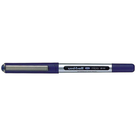 Uni-ball Eye UB-150 pen with 0.5mm nib, features vibrant blue ink and a sleek capped design for smooth, precise writing.