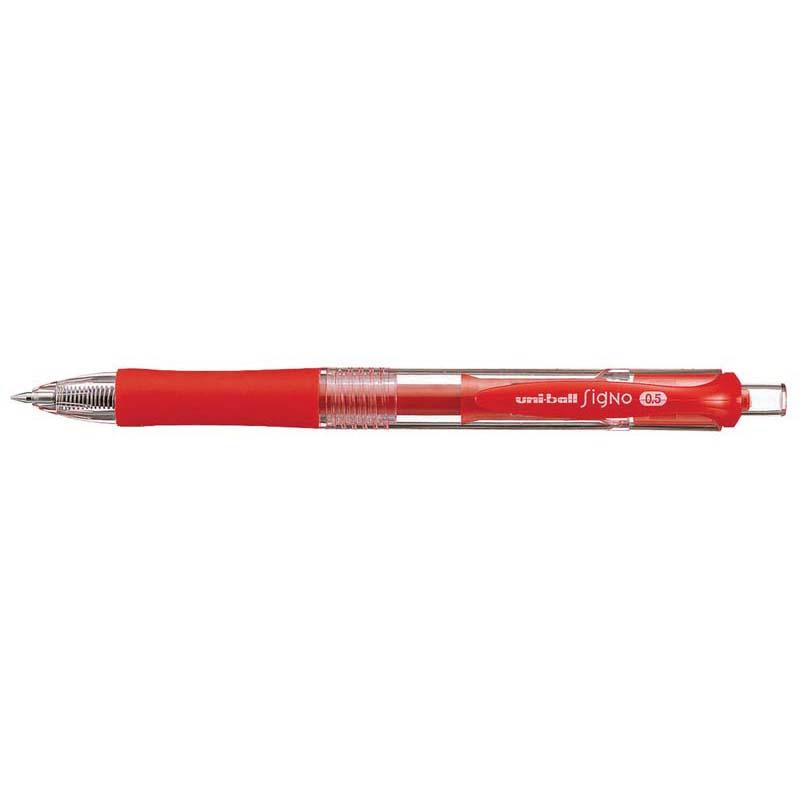 Uni-ball Signo Retractable 0.5mm Micro Red pen with ergonomic grip, delivers smooth, vivid red ink for precise, scratch-free writing.