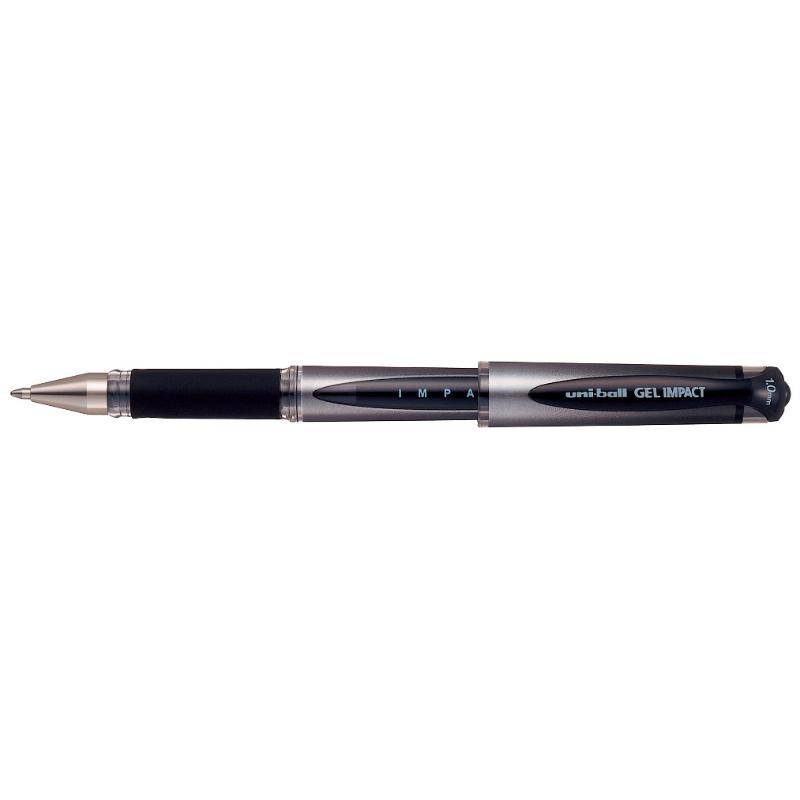 Capped black Uni-Ball Signo Gel Impact pen with 1.0mm stainless steel tip, waterproof ink for smooth writing and drawing.