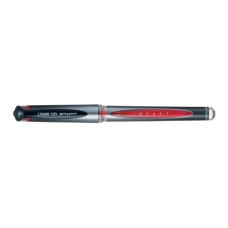 Vibrant red Uni-Ball Signo Gel Impact pen with 1.0mm tip, ideal for smooth writing, drawing, and colorful artwork.