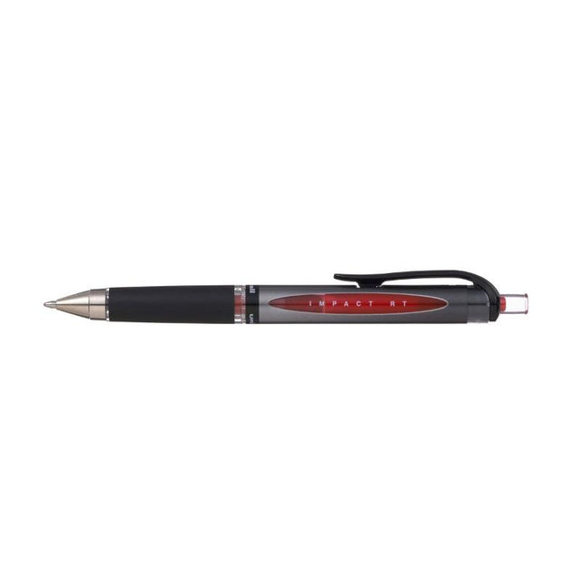 Retractable Uni-ball Signo Gel Impact pen with 1.0mm tip, featuring vibrant red ink for bold, smooth writing.