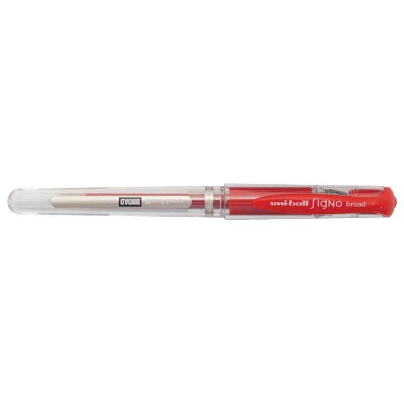 Vibrant red Uni-ball Signo Broad gel pen with 1.0mm nib for smooth writing, ideal for notes and creative projects.