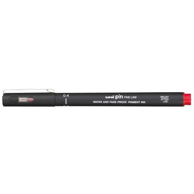 Uni Pin Fineline Permanent 0.4mm Red marker with super tough tip and waterproof ink, ideal for detailed illustrations and writing.