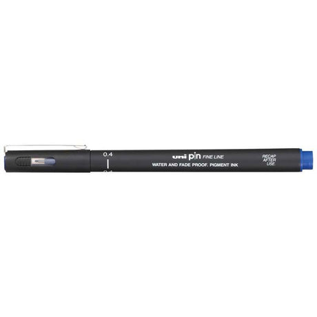 Blue Uni Pin Fineline marker with a 0.4mm nib, perfect for detailed drawings and technical illustrations.