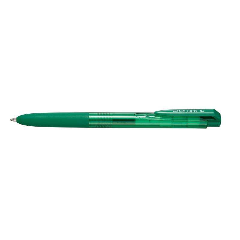 Uni Signo RT1 green retractable gel pen with 0.7mm nib and ergonomic grip for smooth, precise writing.