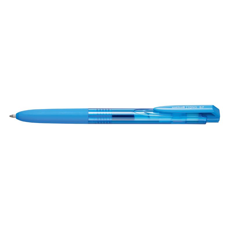 Ultra-fine light blue 0.7mm retractable rollerball pen with a modern design and rubber grip for precise writing.