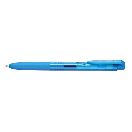 Ultra-fine light blue 0.7mm retractable rollerball pen with a modern design and rubber grip for precise writing.