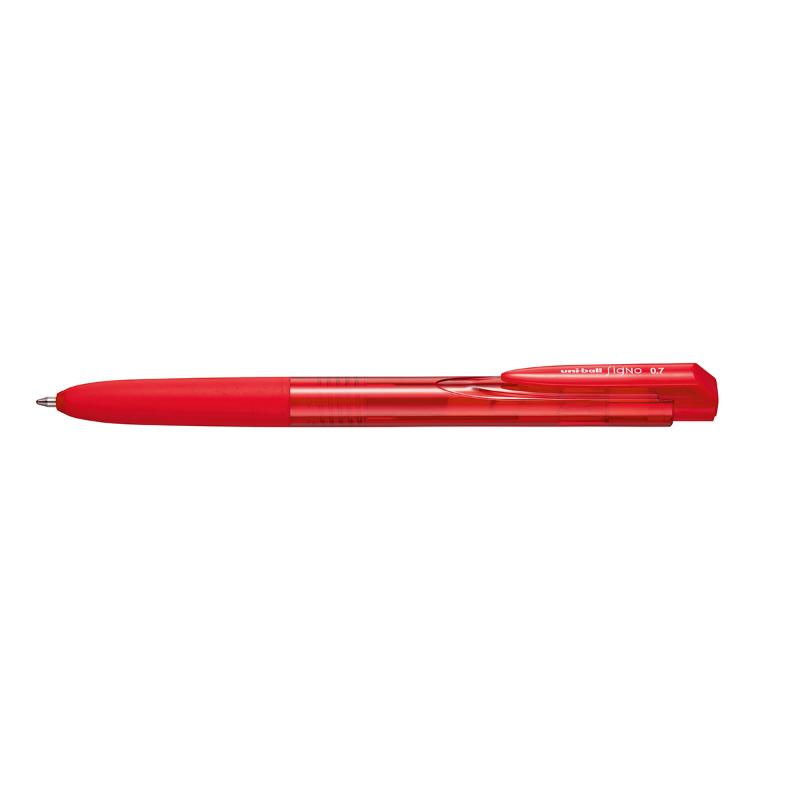 Uni Signo RT1 0.7mm retractable rollerball pen with a red gel ink nib, featuring a comfortable grip and modern barrel design.