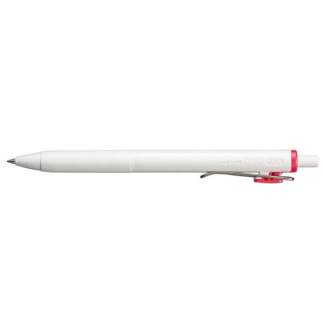 Uni One 0.7mm rollerball gel pen in red, featuring vibrant ink, a fine nib, and a durable clip for easy attachment.