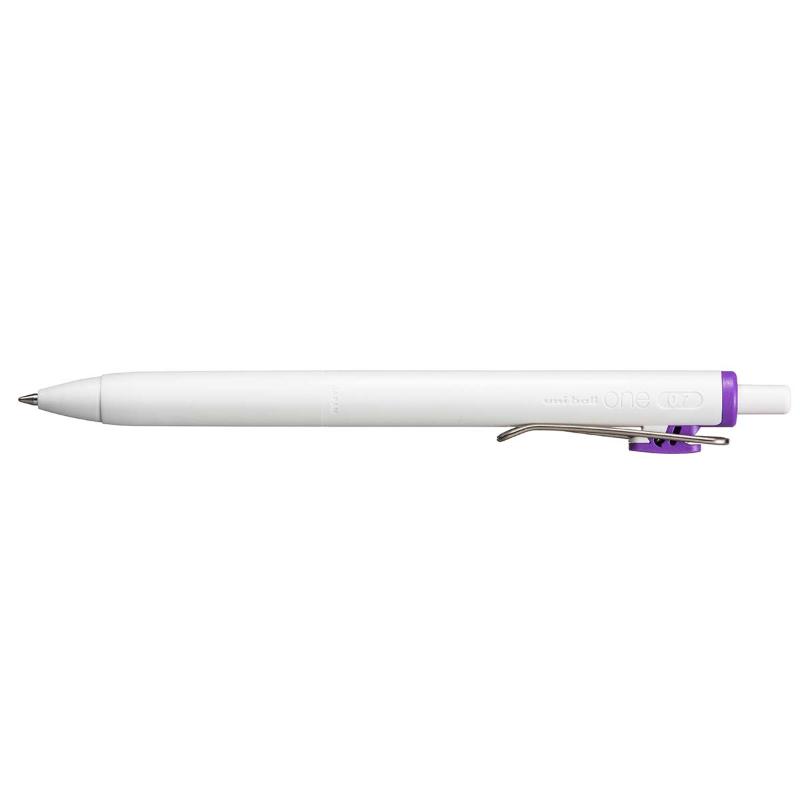 Uni One 0.7mm Rollerball Gel Ink Violet pen with vibrant gel ink, retractable design, and strong pocket clip for stylish writing.