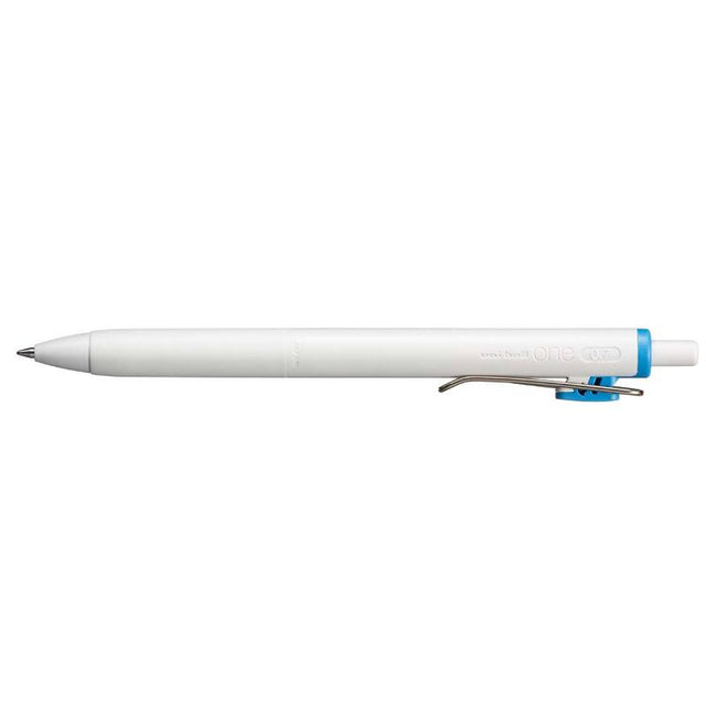 Alt text: Uni One 0.7mm rollerball gel pen in light blue for vibrant, smooth writing and easy attachment with a pocket clip.