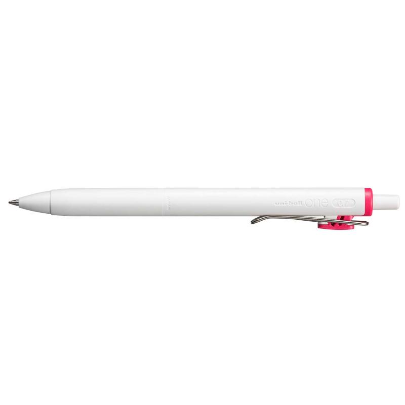 Pink Uni One 0.7mm Rollerball Gel Pen featuring smooth gel ink, retractable design, and a strong clip for easy attachment.