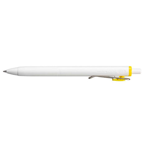 Uni One 0.7mm yellow rollerball pen with smooth gel ink for vibrant writing and a retractable design with a color indicator.