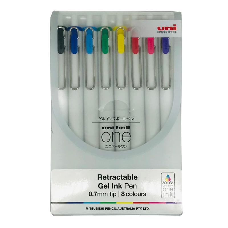 A vibrant 8-pack of Uni One 0.7mm rollerball gel pens in assorted colors for smooth, precise writing and creativity.