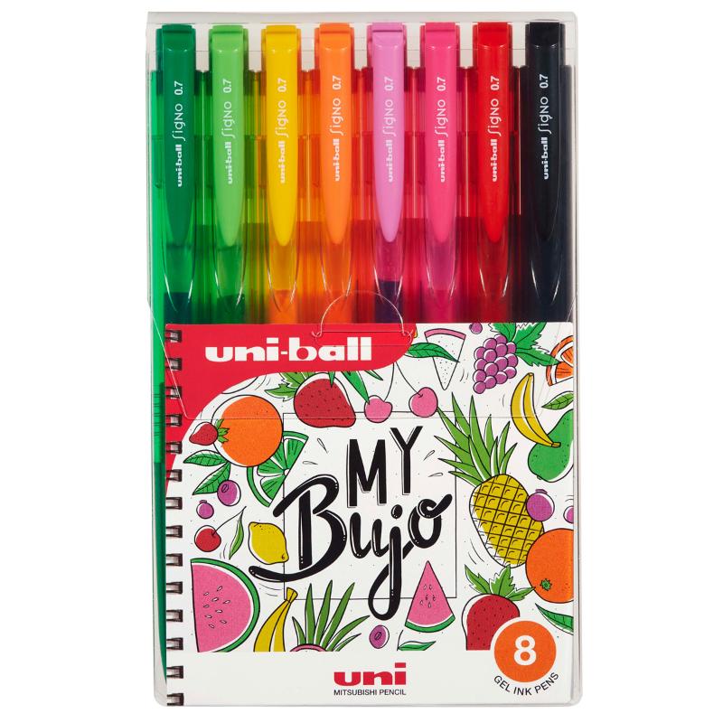 Assorted pack of Uni Signo RT1 0.7mm retractable pens in vibrant colors with a rubberized grip for smooth and precise writing.