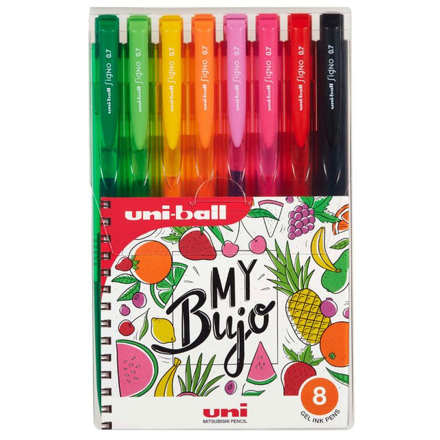 Assorted pack of Uni Signo RT1 0.7mm retractable pens in vibrant colors with a rubberized grip for smooth and precise writing.