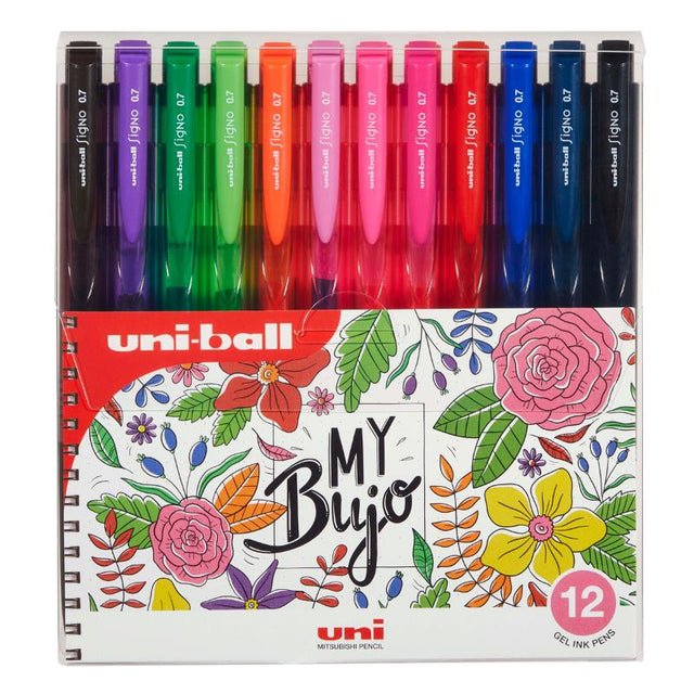 Colorful 12-pack of Uni Signo RT1 0.7mm retractable pens featuring floral designs and a comfortable rubberized grip.